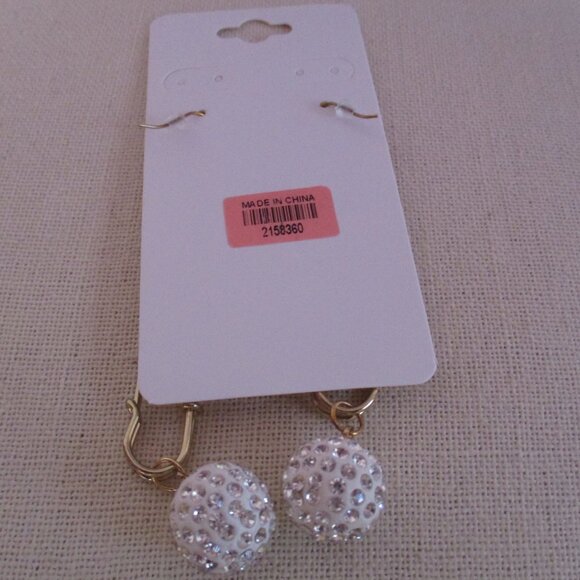 Pin Hook Earrings White Pave Balls GOLDTONE Free Gift Box - Picture 3 of 4
